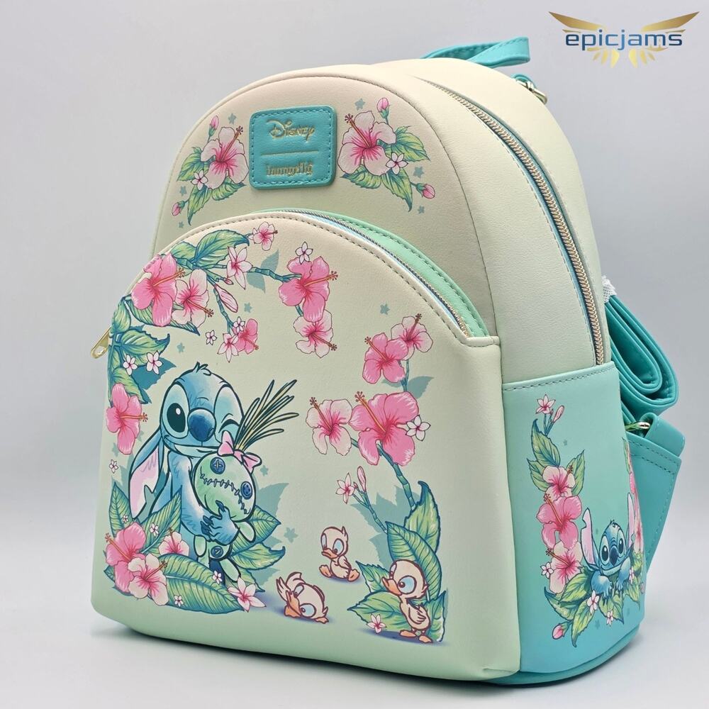 Loungefly Disney Lilo & Stitch Floral Mint Green Mini Backpack New - Picture 4 of 6